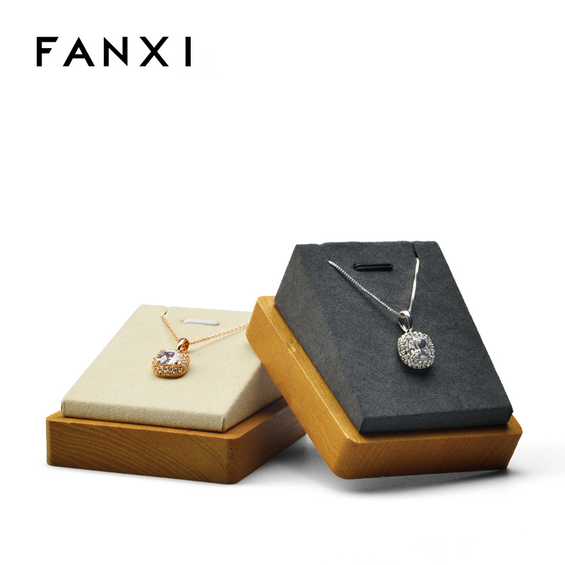 FANXI Wholesale Beige And Gray Microfiber For Pendant Display Stand Solid Wood Necklace Display Holder