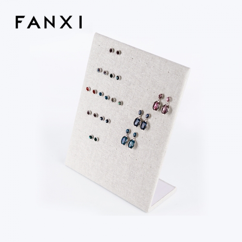 FANXI Custom Logo Wood Jewelry Display Props For 30 Ear Studs Earring Economic Beige Linen Earrings Display