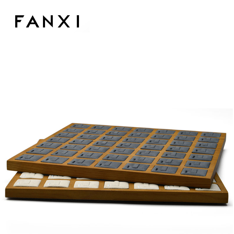 FANXI Wholesale Custom Big Jewelry Display Trays With Beige Gray Microfiber Insert For 49 Rings Showcase Wooden Ring Tray