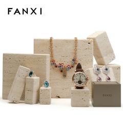 FANXI Custom Beige Jewellery Exhibitor Organizer Blocks For Ring Bangle Earrings Watch Shop Counter Showcase Artificial Marble Jewelry Display Set