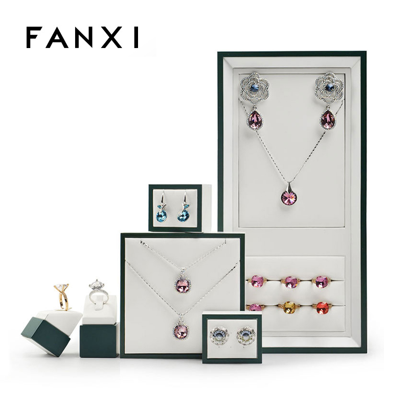 FANXI New Product Luxury PU Leather Jewelry Stand For Counter Ring Necklace Earrings  Organizer Green Lacquer