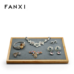 FANXI Custom Size Solid Wood Jewellery Riser With Beige And Gray Insert For Ring Neckace Bracelet Bangle Display Board Jewelry Organizer