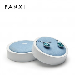 FANXI Custom Wholesale Wooden Jewellery EXhibitor Rack With Blue Microfiber Insert Round White Lacquer Jewelry Display Holder