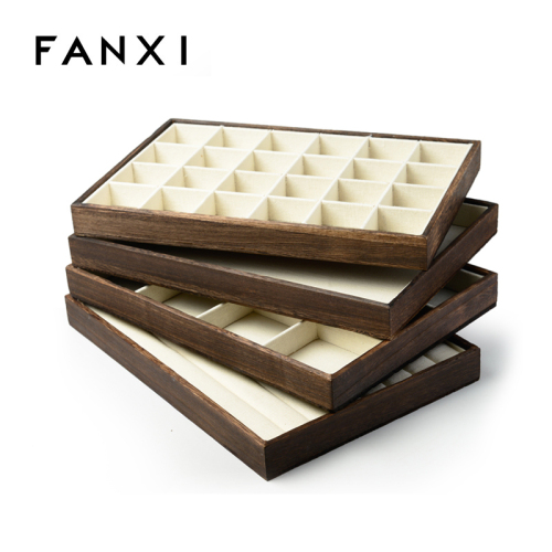 FANXI Wholesale Custom New Wooden Jewellery Trays With Linen Insert For Ring Earrings Necklace Bracelet Showcase Baking wood Jewelry Display Tray | FANXI