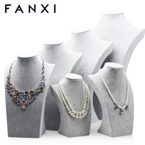 FANXI wholesale custom silver gray Ice velvet wooden jewelry Display bust mannequin model jewelry neck form