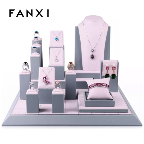 FANXI Custom Luxury Jewellery Organizer For Ring Earrings Necklace Bracelet Shop Counter Pink And Gray Suede Jewelry Display Kit