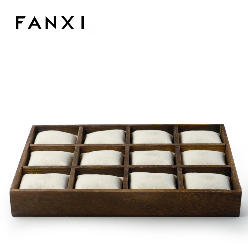 FANXI Custom Baking wood Jewelry Trays With Linen Pillows For Bangle Bracelet Showcase Wooden Watch Display Tray