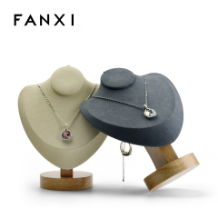 FANXI Custom Solid Wood Jewelry Display With Beige And Gray Microfiber Neck Form Mannequin Unique Wooden Necklace Bust