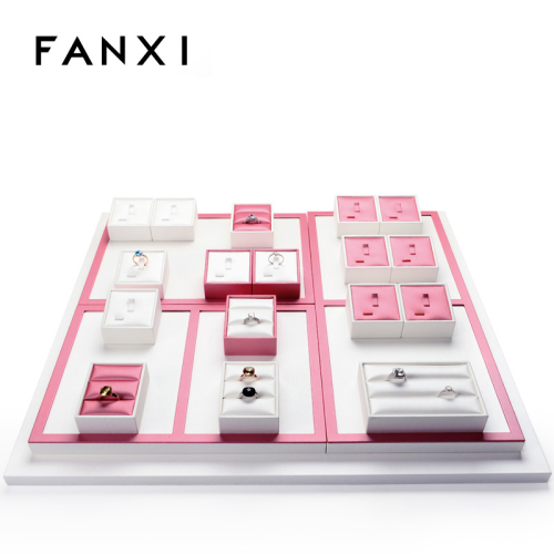 FANXI Elegant Rose Red Color PU Leather Jewelry Display Set For Rings Counter Exhibition