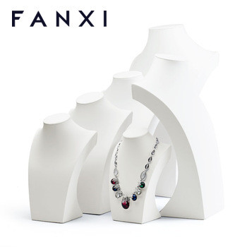 FANXI Custom Wooden Jewelry Display Bust Neck Form White PU Leather Necklace Mannequin