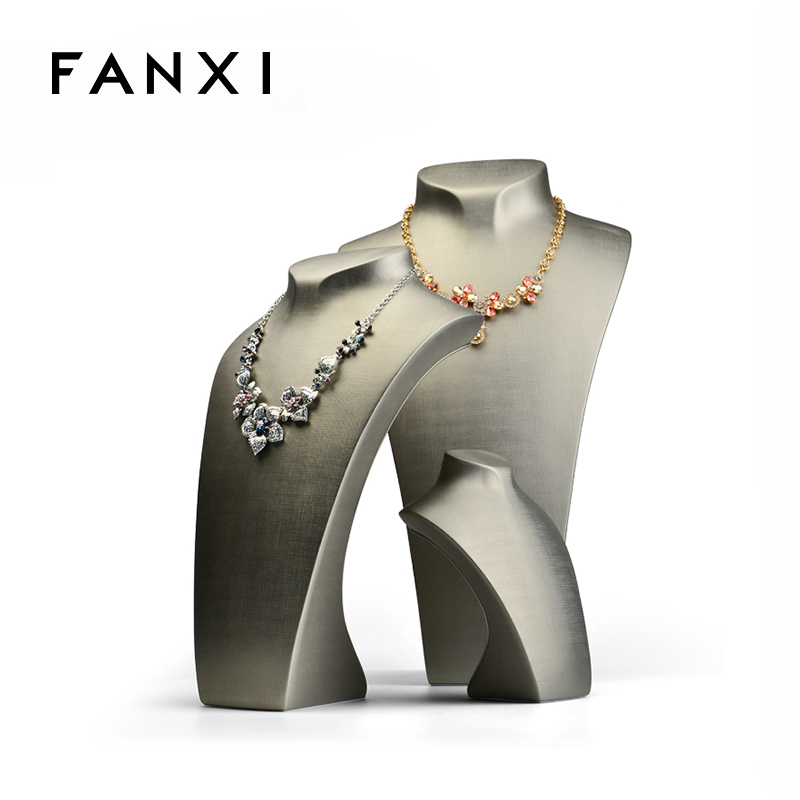 FANXI Luxury Gray PU Leather Necklace Mannequin For Jewelry Shop Counter And Window Showcase Resin Necklace display Bust