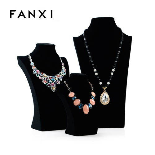 FANXI Wholesale factory custom wooden jewellery exhibitor mannequins black velvet pendant necklace display jwewlry necklace busts
