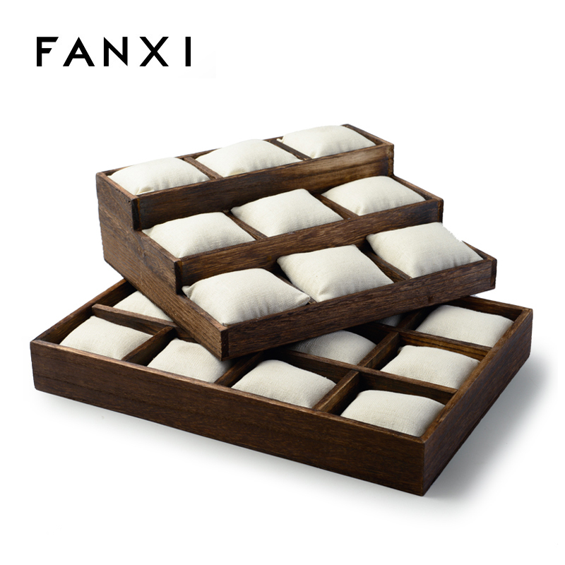 FANXI Custom Baking wood Jewelry Trays With Linen Pillows For Bangle Bracelet Showcase Wooden Watch Display Tray