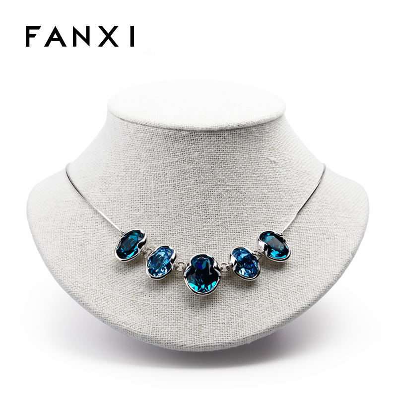 FANXI Cabinet Small Creamy White Linen Shop Countertop Showcase Exhibitor Jewelry Mannequin Bust Pendant Necklace Display