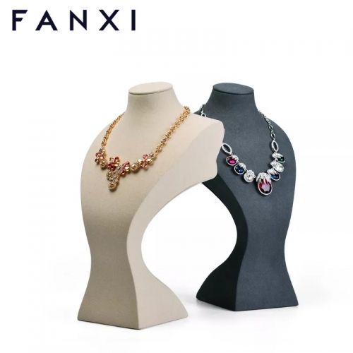 FANXI Jewelry Shop Counter And Window Display For Necklace Exhibitor beige And Gray Microfiber Jewellery Bust Elegant Resin Necklace Mannequin