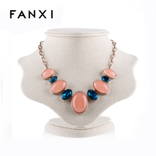 FANXI Jewelry Display High Quality MDF Wood With White Cardboard Korea Linen Creamy White Necklace Display Bust