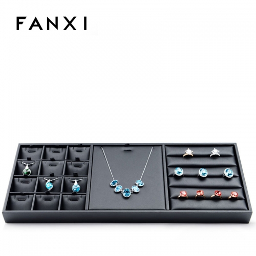 FANXI Wholesale factory custom stackable black PU leather jewellery exhibitor organizer pendants necklace and rings leather jewelry trays
