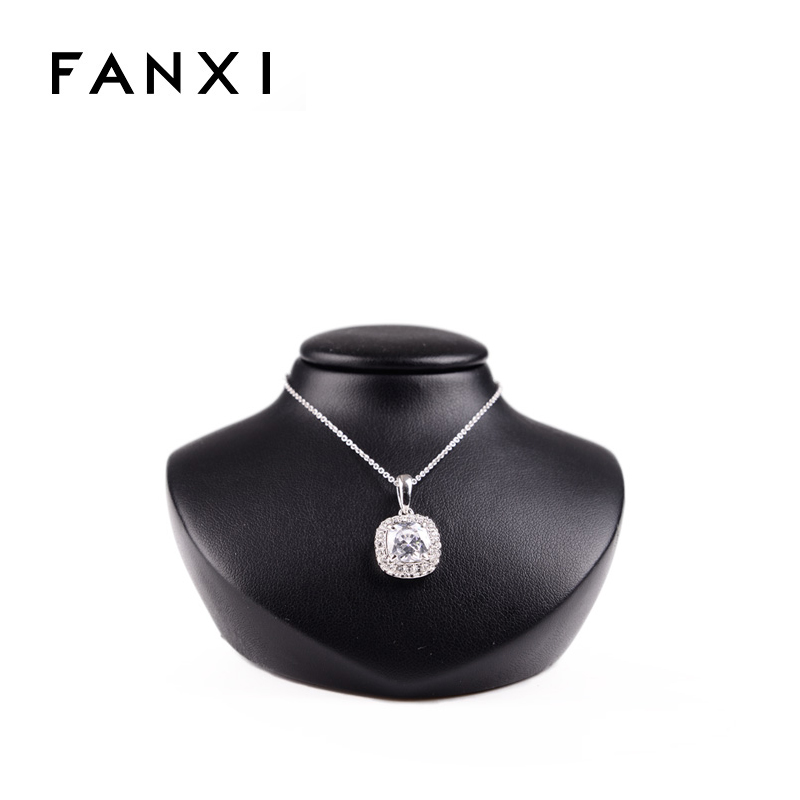 FANXI Chinese Fashion Cabinet Jewelry Mannequin Bust Necklace Display Holder Stand Black PU Leather Resin Necklace Display
