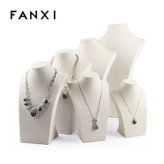 FANXI Chinese Factory Wholesale Custom Shop Showcase Creamy White Linen Jewelry Mannequin Stand Neck Model Jewelry Display Necklace Bust