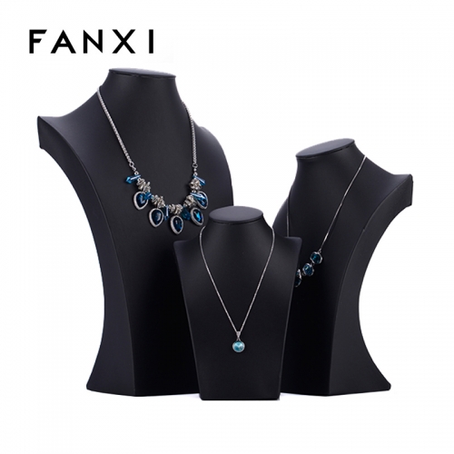 FANXI Custom size Wooden Jewelry exhibitor Organizer for Pendant Showcase Black PU Leather Necklace Display Bust