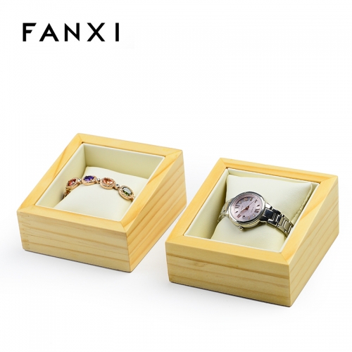 FANXI Custom Jewelry Display With White PU Leather Pillow For Bangle Bracelet Natural Wooden Watch Display