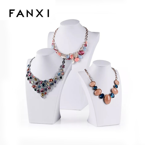 FANXI Custom Jewelry Display Holder For Pendant Jewellery Shop Counter And Window Showcase Mannequin White PU Leather Necklace Display Bust