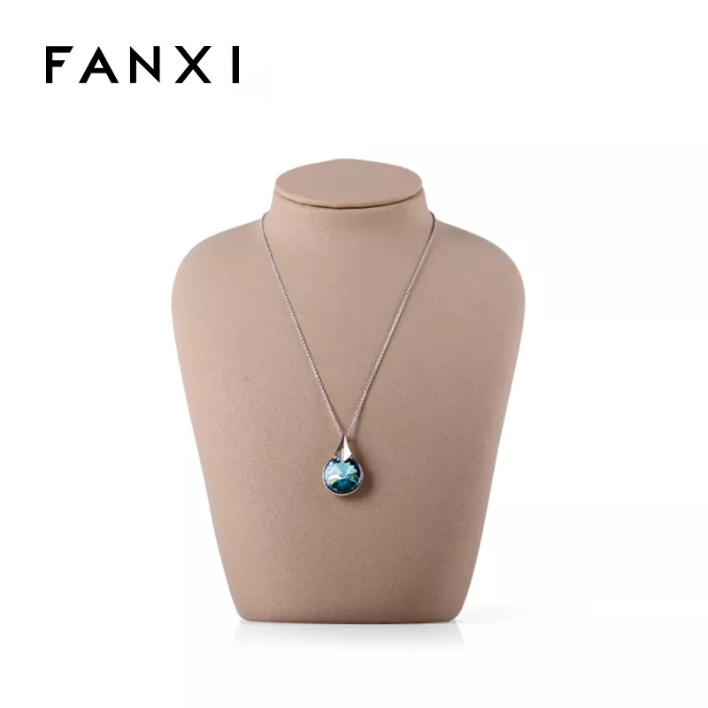 FANXI Custom Logo Jewelry Shop Exhibitor Organizer Light Brown Leather Necklace Counter Display