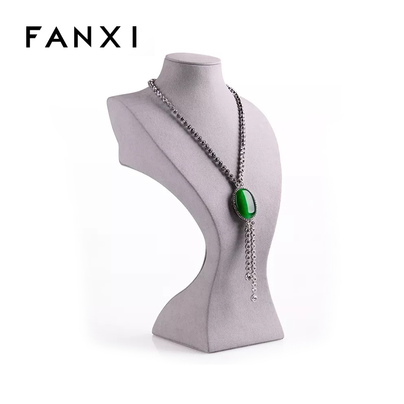 FANXI Custom Logo Luxury Jewelry Shop Counter Exhibitor For Necklace Pendant Gray Leather Necklace Display Bust