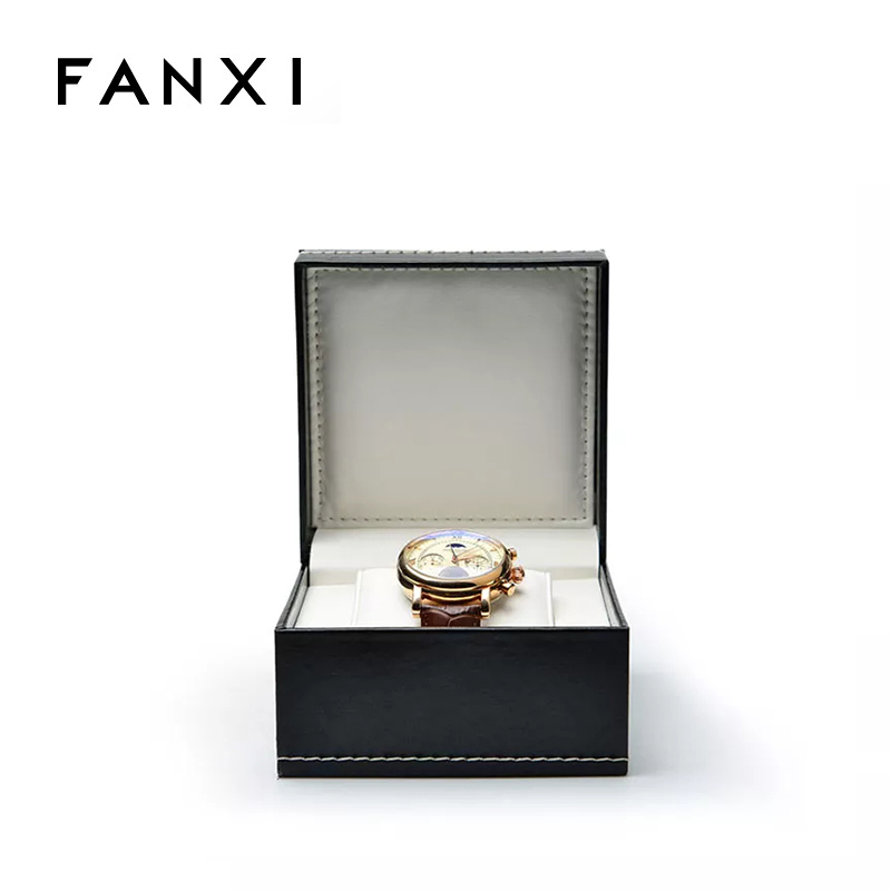 FANXI Custom Logo Bangle Bracelet Watch Packaging Box With white Leather Pillow And Sewing Luxury Black PU Leather Watch Box