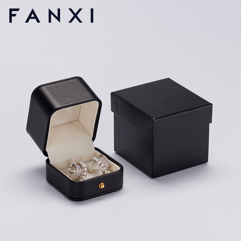 FANXI custom logo & colour black leather jewelry packaging box with beige velvet inside