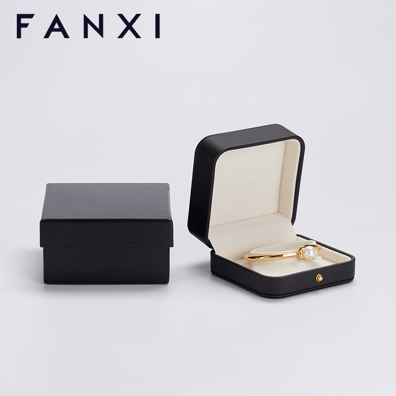 FANXI custom logo & colour black leather jewelry packaging box with beige velvet inside