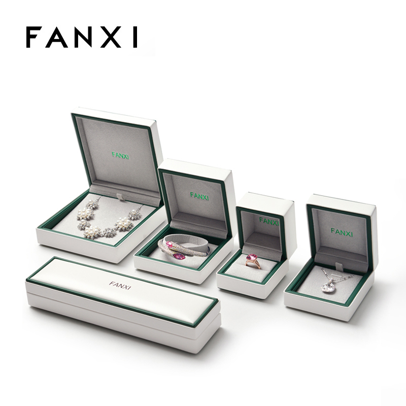 FANXI Plastic Gift Boxes With Silk Insert For Ring Necklace Bracelet  Packaging Green Fancy Leatherette paper