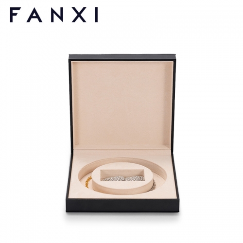 FANXI factory customize logo colour balck leather jewelry packaging box with suede inside