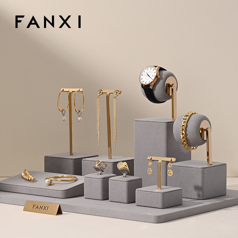 FANXI gray microfiber jewelry display set with metal