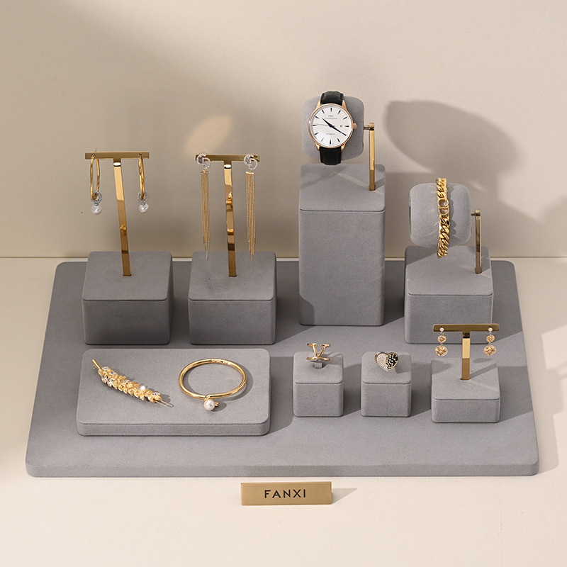FANXI gray microfiber jewelry display set with metal