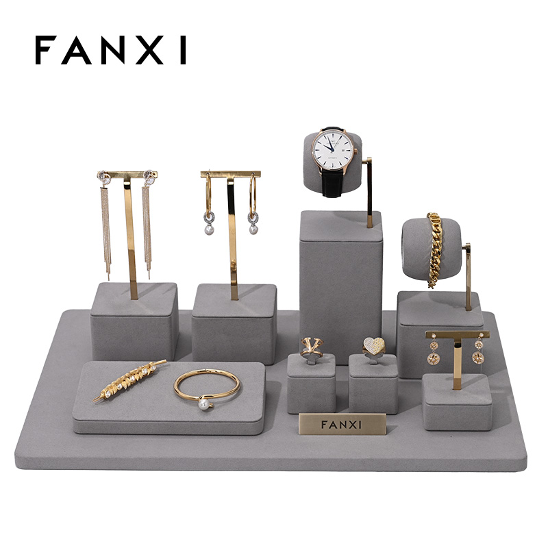 FANXI gray microfiber jewelry display set with metal