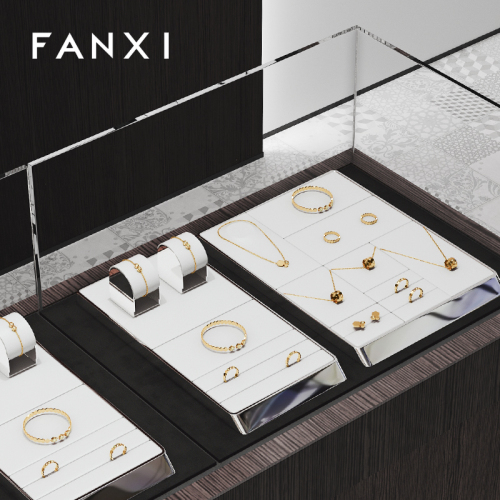FANXI hot sale metal frame white leather jewelry display set with logo