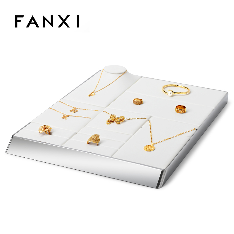 FANXI hot sale metal frame white leather jewelry display set with logo