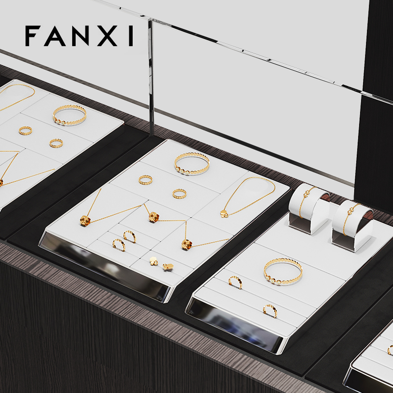 FANXI hot sale metal frame white leather jewelry display set with logo