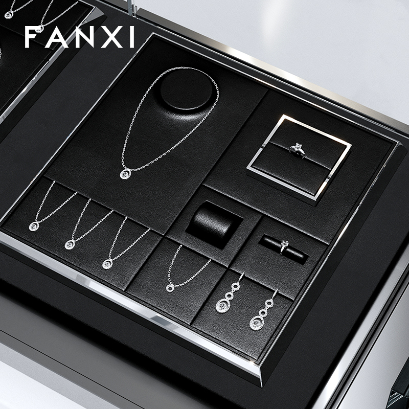 FANXI metal frame with black leather luxury jewelry display set