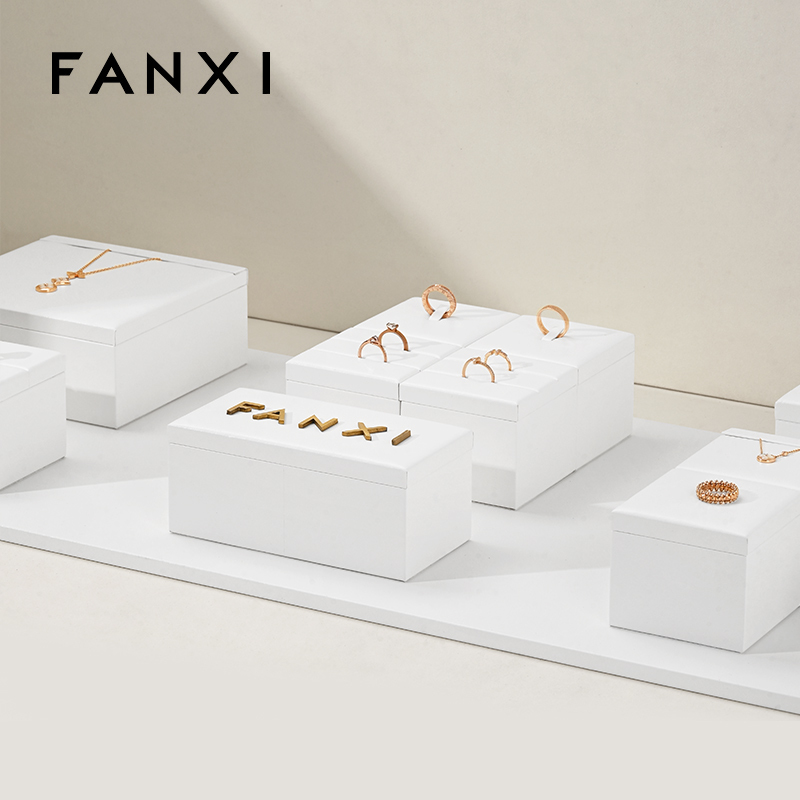 FANXI high quality wooden jewelry display with white PU leather