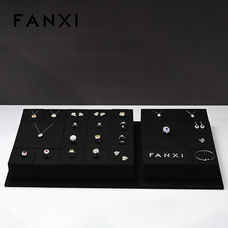 FANXI new arrival wood jewelry display with black microfiber