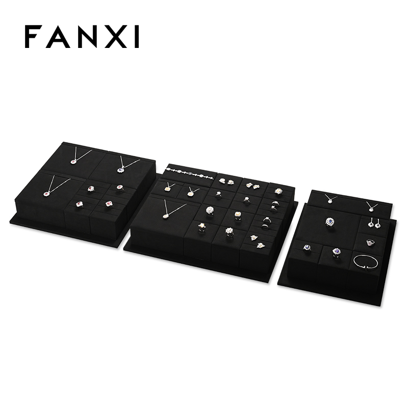 FANXI new arrival wood jewelry display with black microfiber