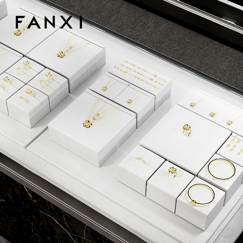 FANXI high quality wooden jewelry display with white PU leather