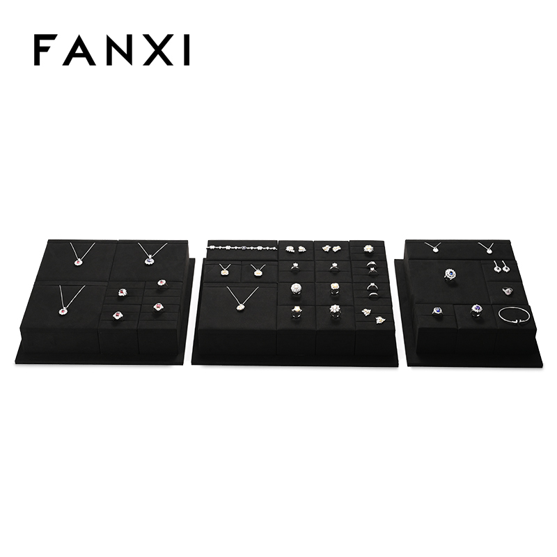 FANXI new arrival wood jewelry display with black microfiber