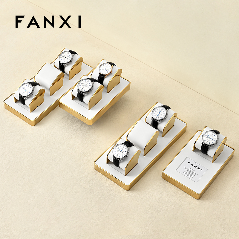 FANXI factory metal frame watch stand with white leather