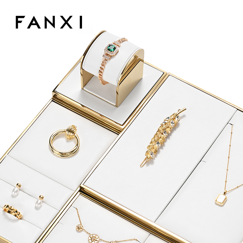 FANXI luxury metal frame jewelry stand with white PU leather