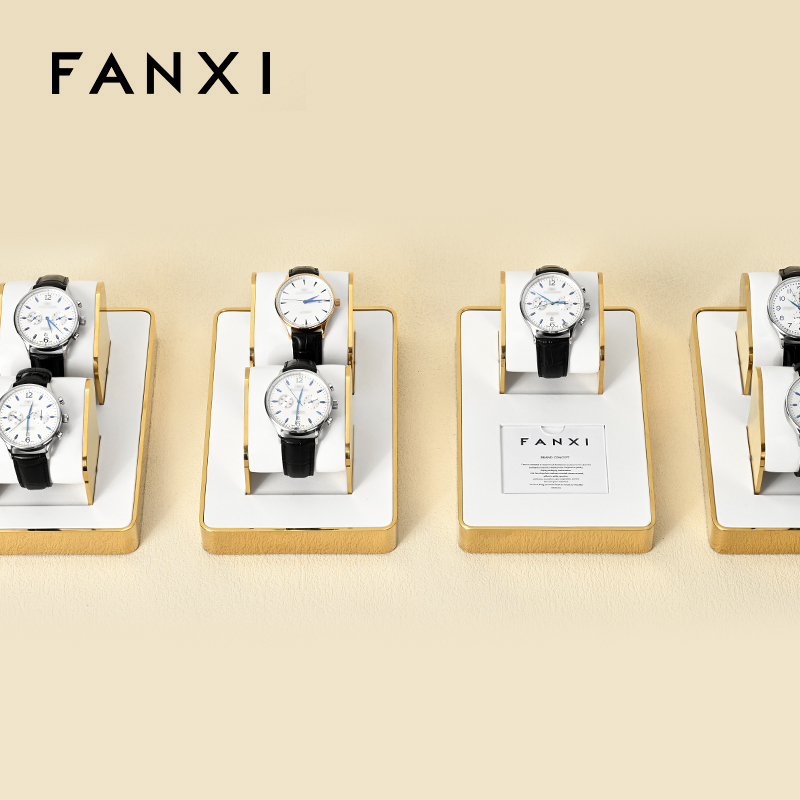 FANXI factory metal frame watch stand with white leather