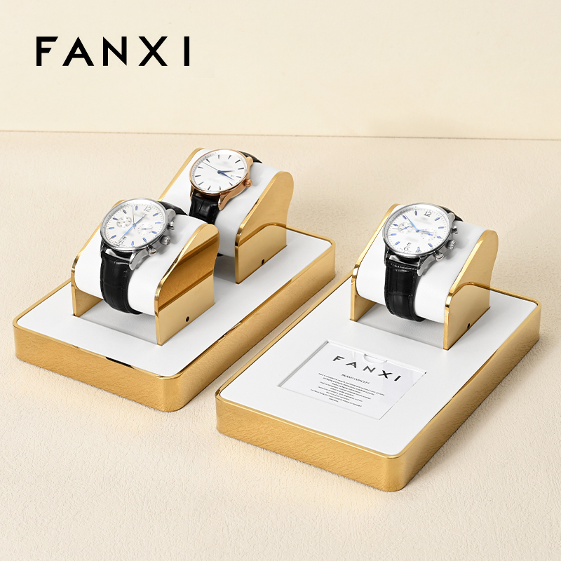FANXI factory metal frame watch stand with white leather