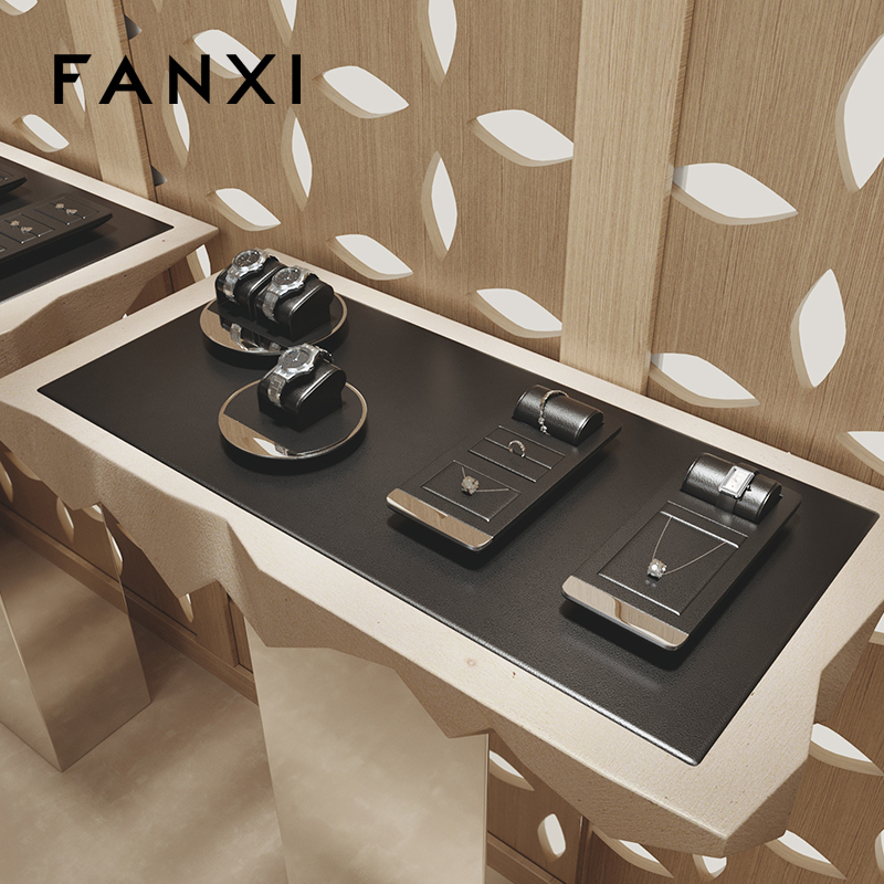 FANXI custom black colour leather window jewelry display with metal frame